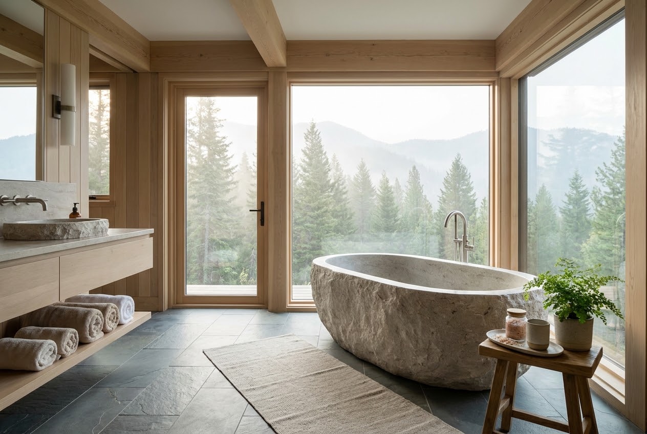 Monolithic stone bathtub by a floor-to-ceiling window onto the forest