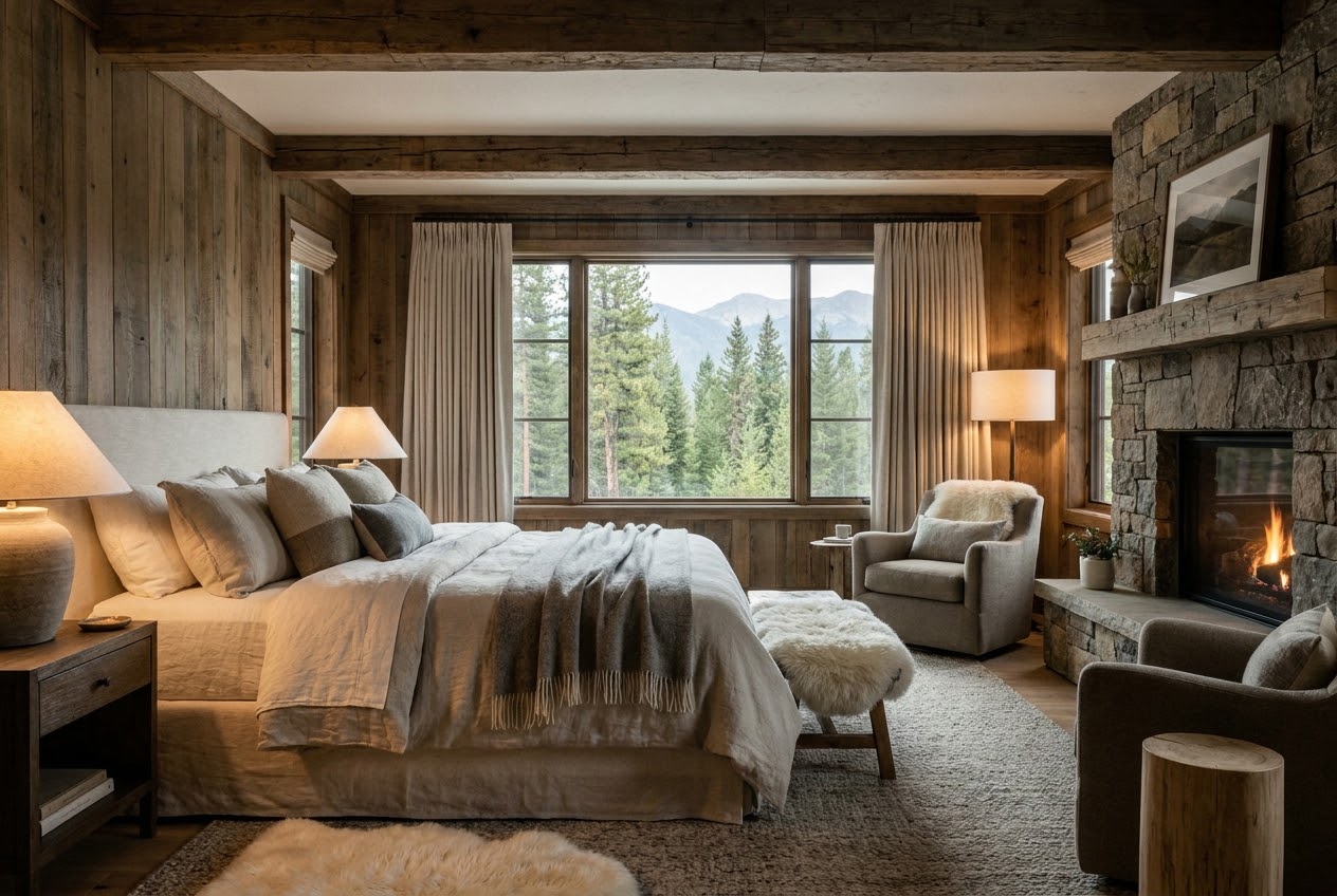 Raw-wood suite with linen bedding and a fireplace facing the forest