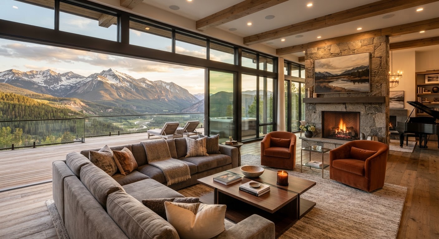 Panoramic living room open to the peaks, stone fireplace and piano
