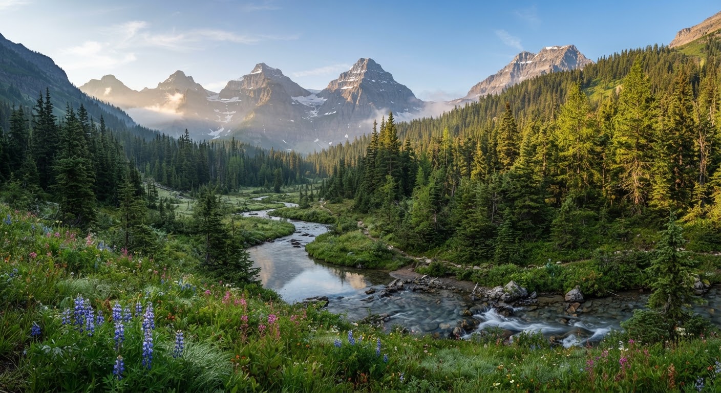 Mountain stream lined with pines beneath the peaks