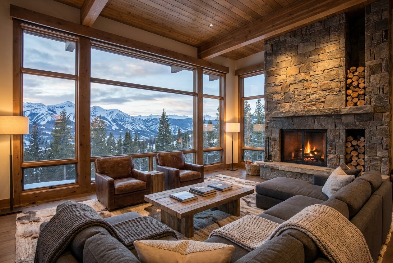 Dry-stone fireside with deep sofas and snow outside