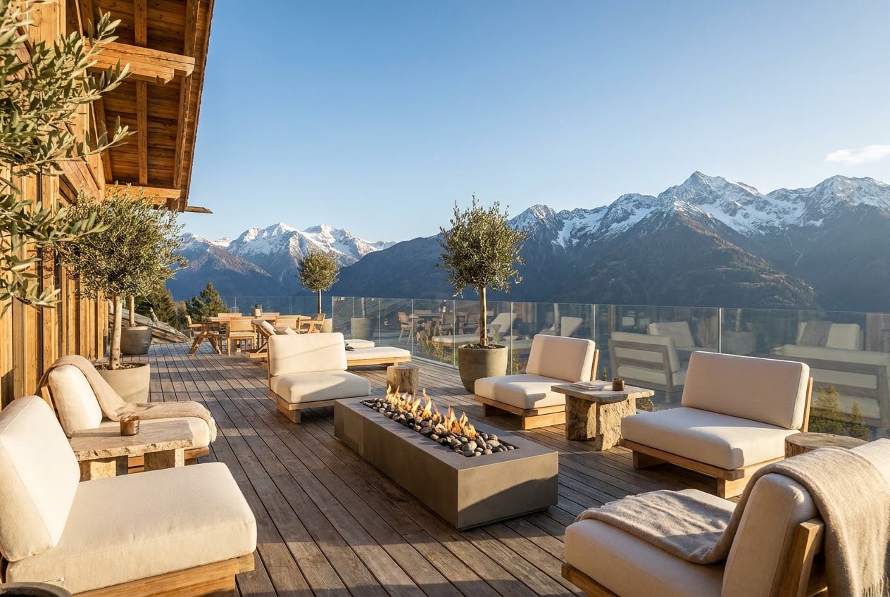Larch-wood terrace with a designer fire pit facing the massif