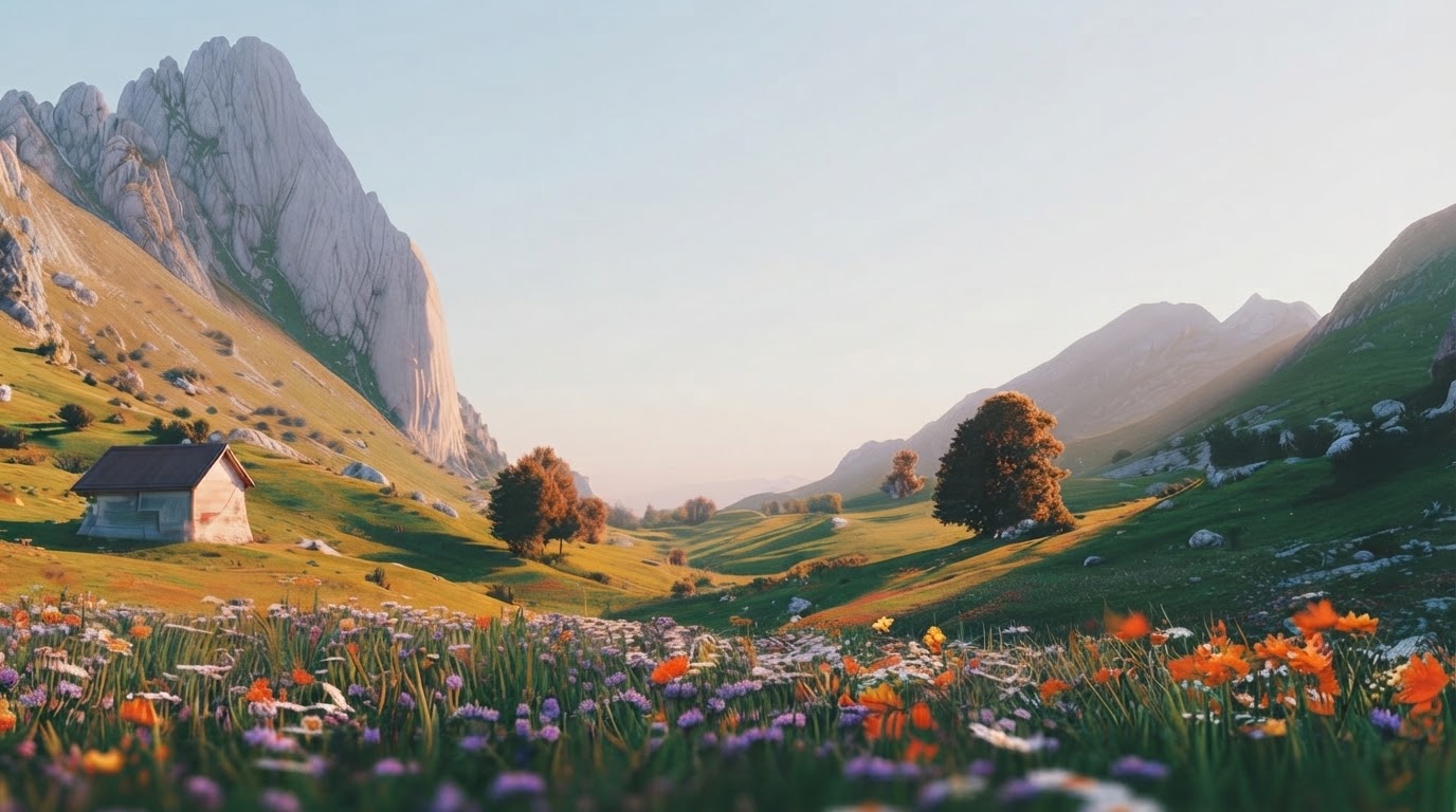 Lush green mountain valley with a winding river and wildflowers in soft daylight
