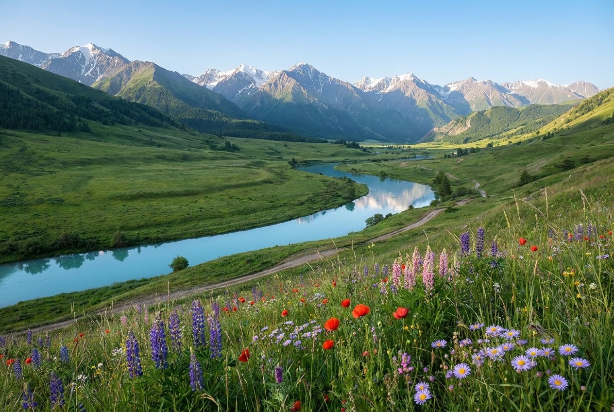 Flower-filled valley and river at daybreak